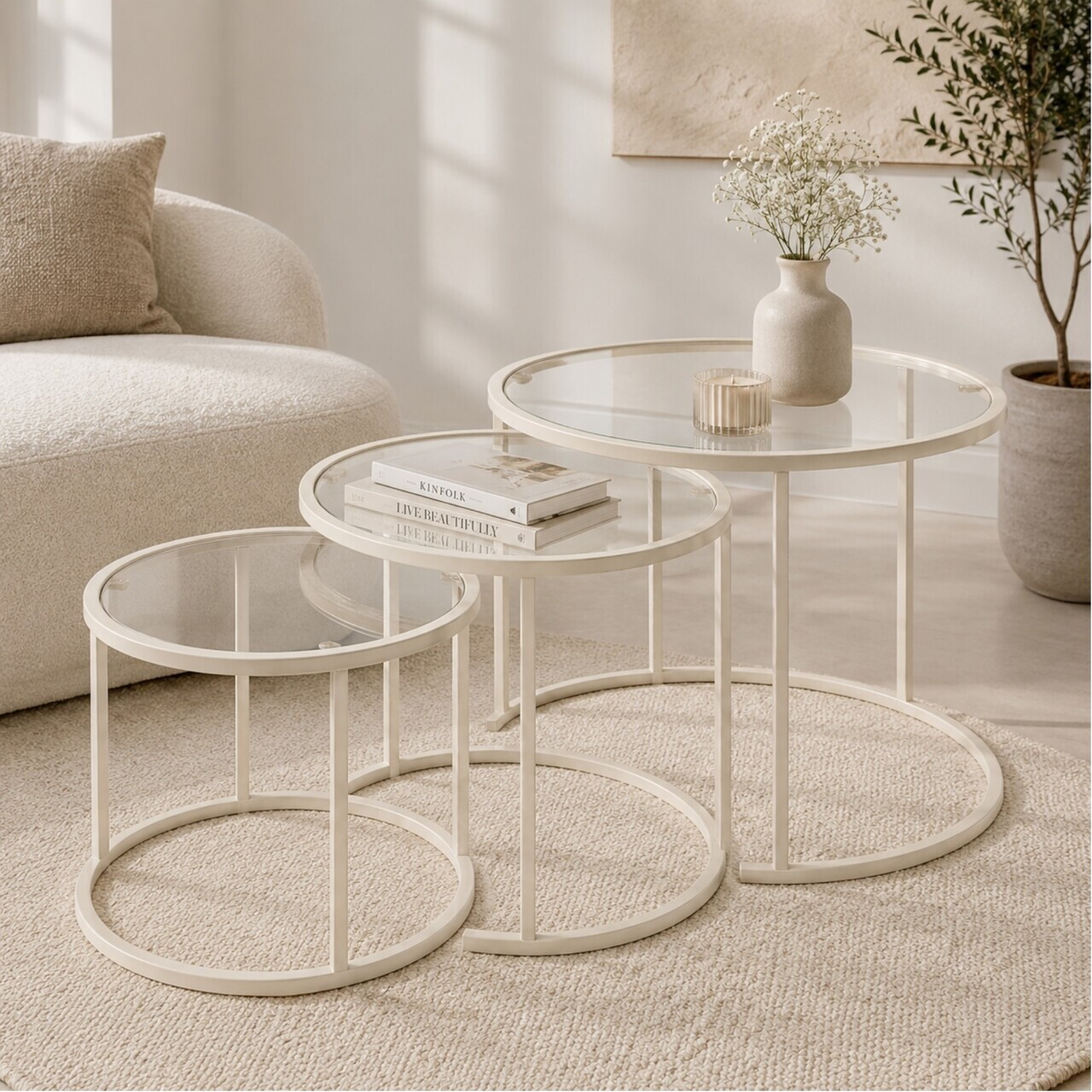 Set masute de cafea, Hanah Home, Beige-Trs-80-60-42-Nrd-Srk, Sticla temperata, Bej — imaginea 2
