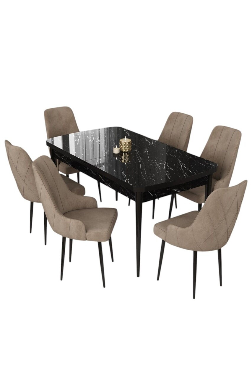 Set masa extensibila si scaune (7 piese), Hanah Home, Eta, Model de marmură neagră / Cappuccino — imaginea 2
