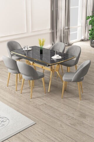 Set masa extensibila si scaune (7 piese), Hanah Home, Weps, Model de marmură neagră / Auriu / Gri