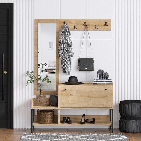 Cuier cu oglinda si pantofar Nonso, Elegance, 120x35x148.5 cm, PAL, argintiu/natural Elegance
