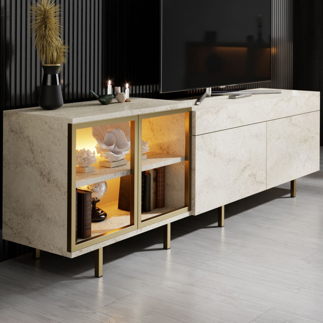 Comoda TV, Hanah Home, Vienna, 190x57x37 cm, Travertin / Auriu - view 4