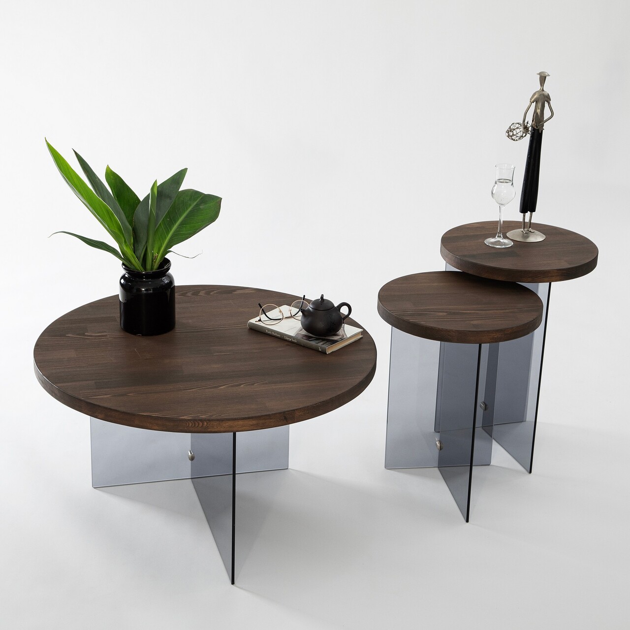 Set masuta de cafea, Neostill, Serenity 2, Sticla temperata, Nuc / Gri închis