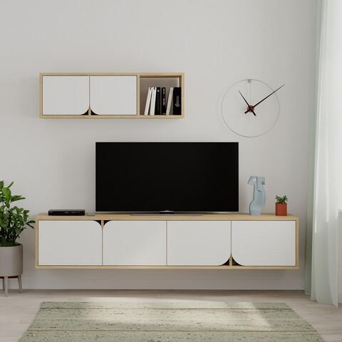 Comoda TV cu raft, Decortie, Spark, pal melaminat, alb/stejar