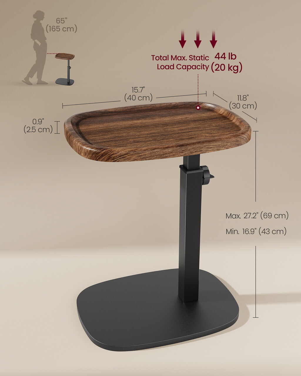 Masuta laterala cu inaltime regrabila, design in forma de C, Vasagle, 40x30x69 cm, maro - imagine 5