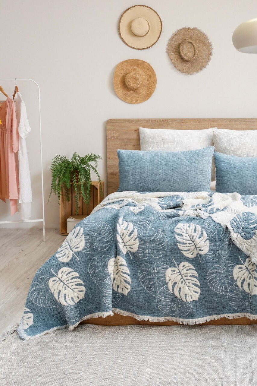 Set cuvertura pique dubla, Forest - Blue, Şaheser, 70% bumbac/30% poliester