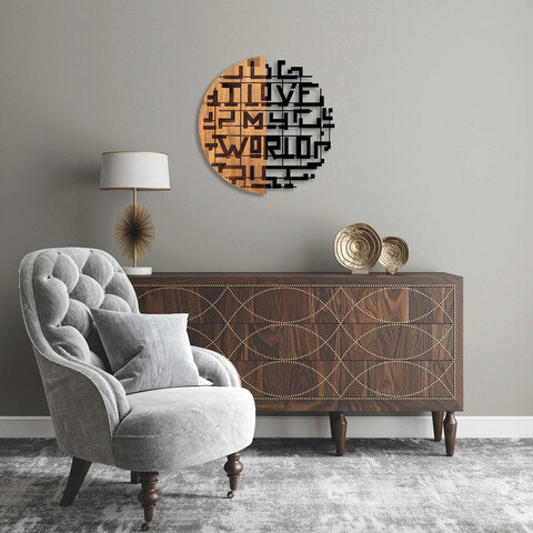 Decoratiune de perete, i love my world, 50% lemn/50% metal, ø56 cm, nuc negru
