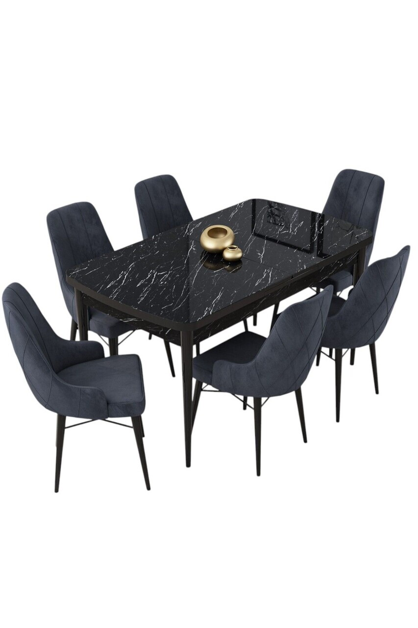 Set masa extensibila si scaune (7 piese), Hanah Home, Lia, Model de marmură neagră / Antracit — imaginea 2