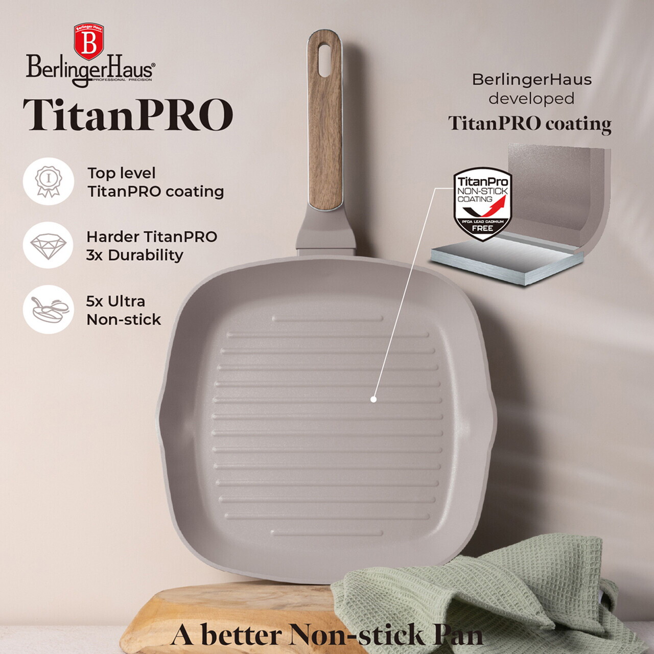 Tigaie grill Berlinger Haus, Taupe Nordic, 28 cm, 2.1 L, aluminiu forjat, taupe mat/natur - imagine 13