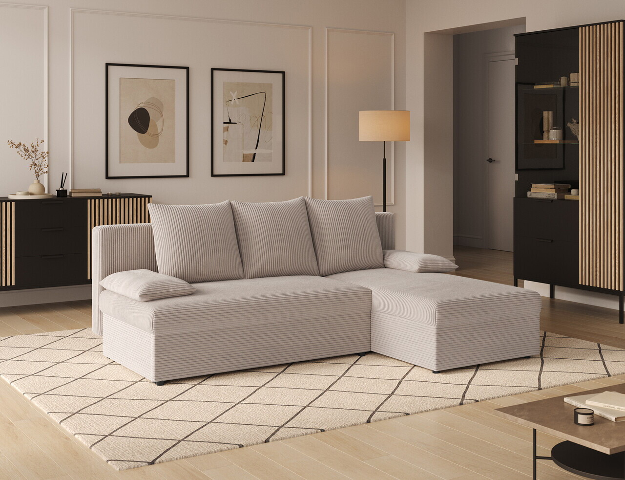 Coltar extensibil reversibil 3 locuri ELTAP Gino 201x143x90 cm lemn/poliester bej
