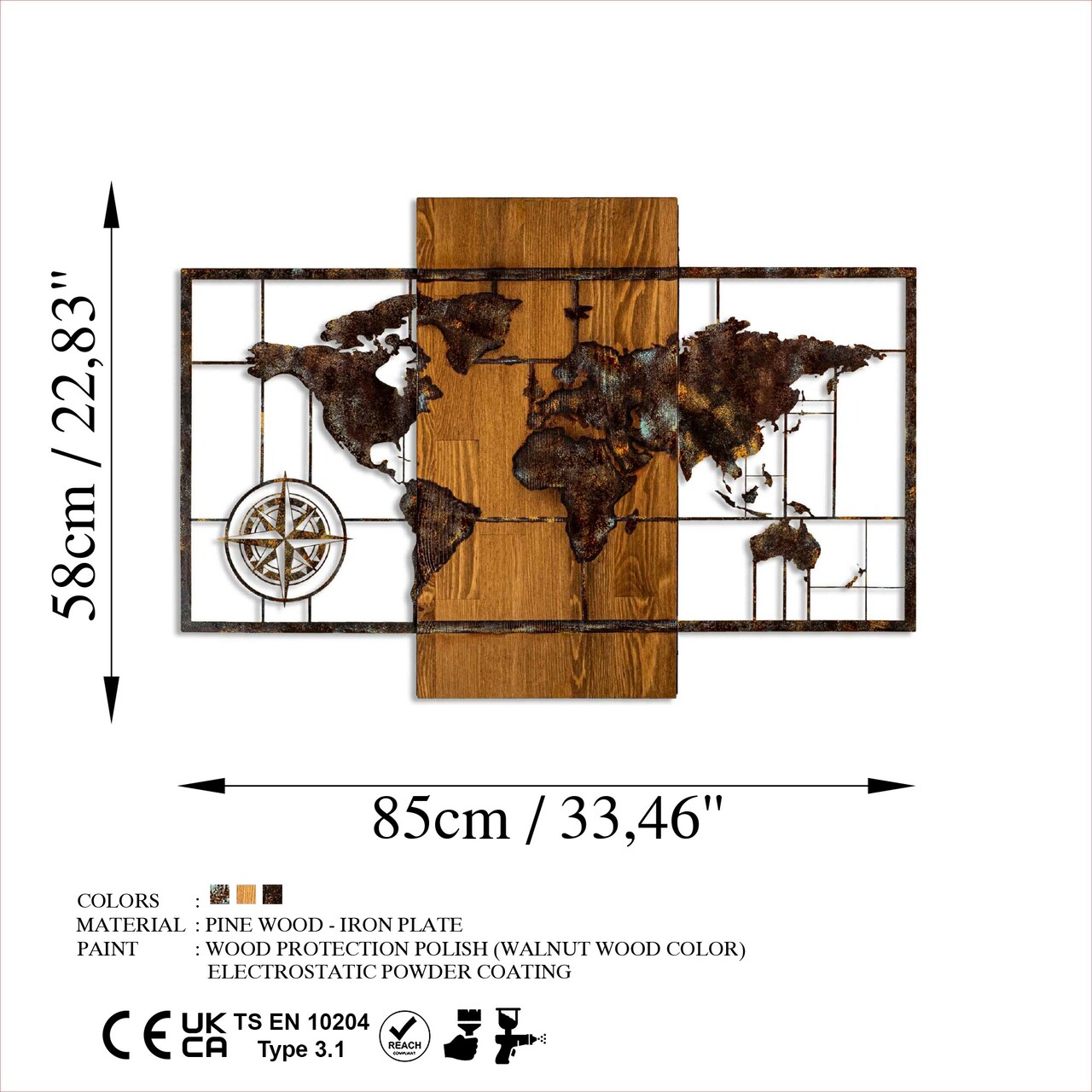 Decoratiune de perete, World Map With Compass 5, Dimensiuni: 58 x 85 cm, Nuc / Maro - view 8