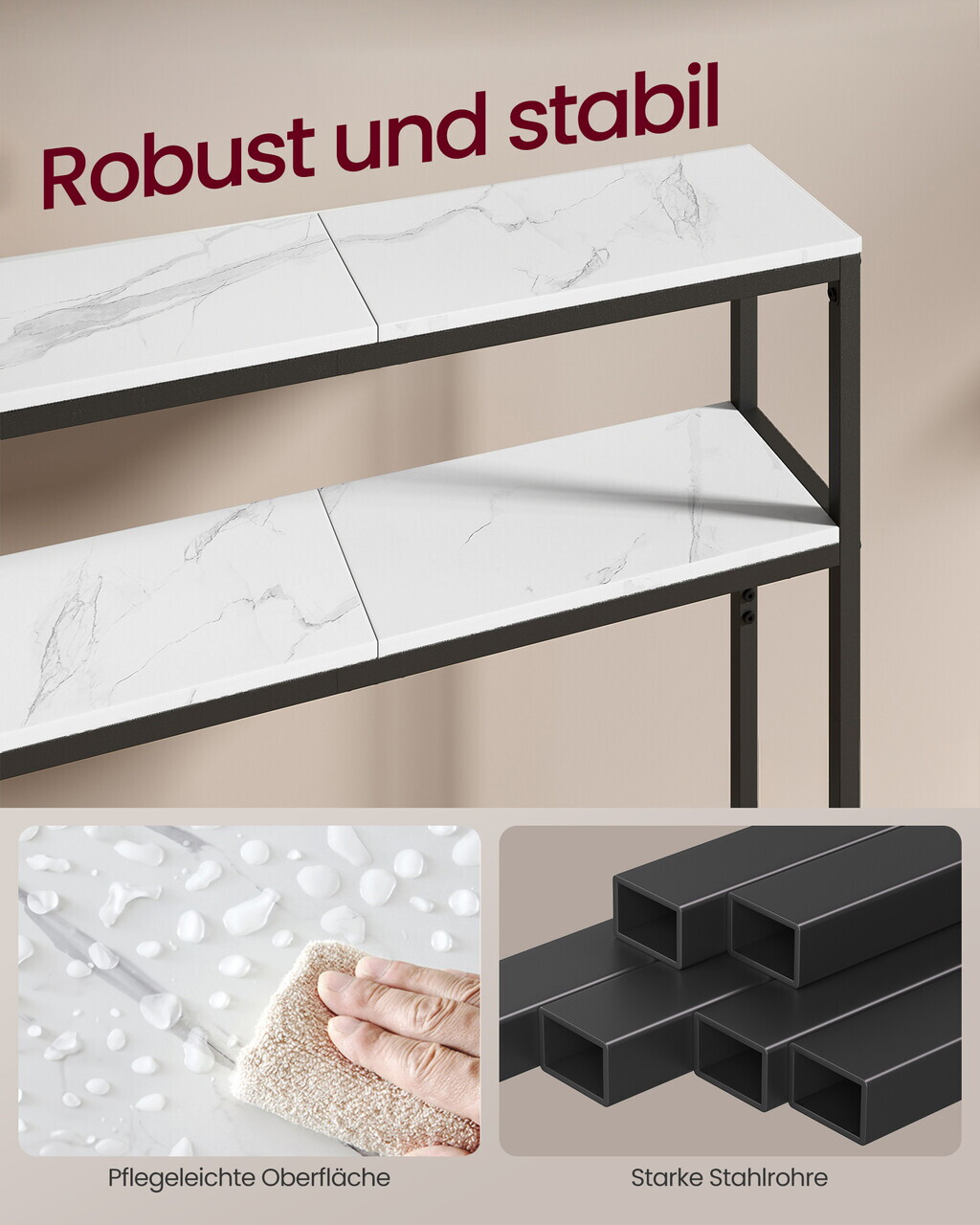Consola cu 2 rafturi, Vasagle, 80x20x80 cm, PAL/otel, alb marmura/negru - imagine 4