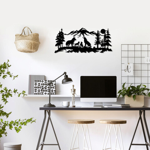 Decoratiune de perete, wolf pack, metal, dimensiune: 47 x 103 cm, negru