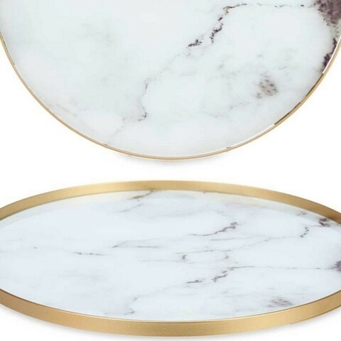 Tava pentru servire Marble, Gift Decor, 30 x 30 x 4.5 cm, sticla/metal, alb/auriu