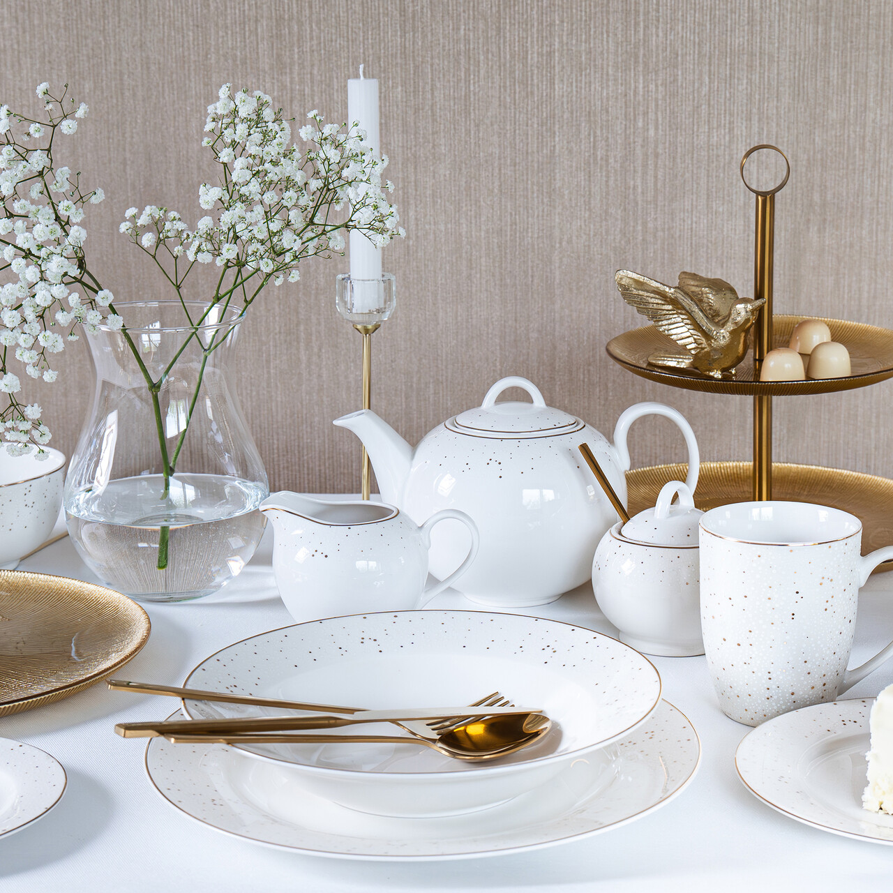Serviciu de masa 18 piese Aurelia Ambition portelan alb/auriu