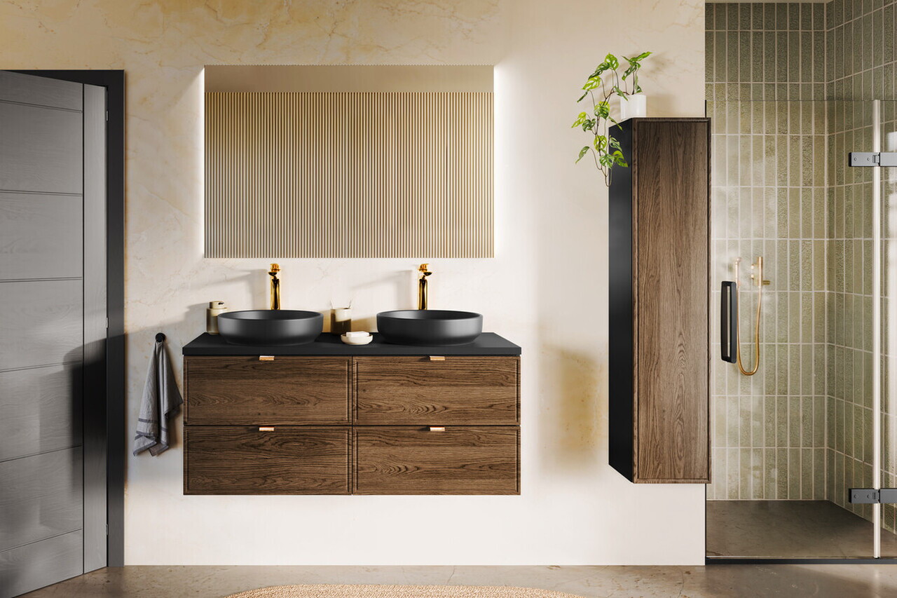 Set mobilier baie Talia Casella 120 cm, dulap inalt si masca dubla cu lavoar si oglinda, Comad, MDF/PAL, stejar/negru mat - view 6