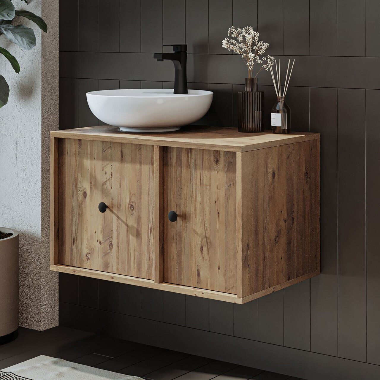 Dulap de baie cu chiuvetă, Hanah Home, 2540, MDF, Maro — imaginea 3