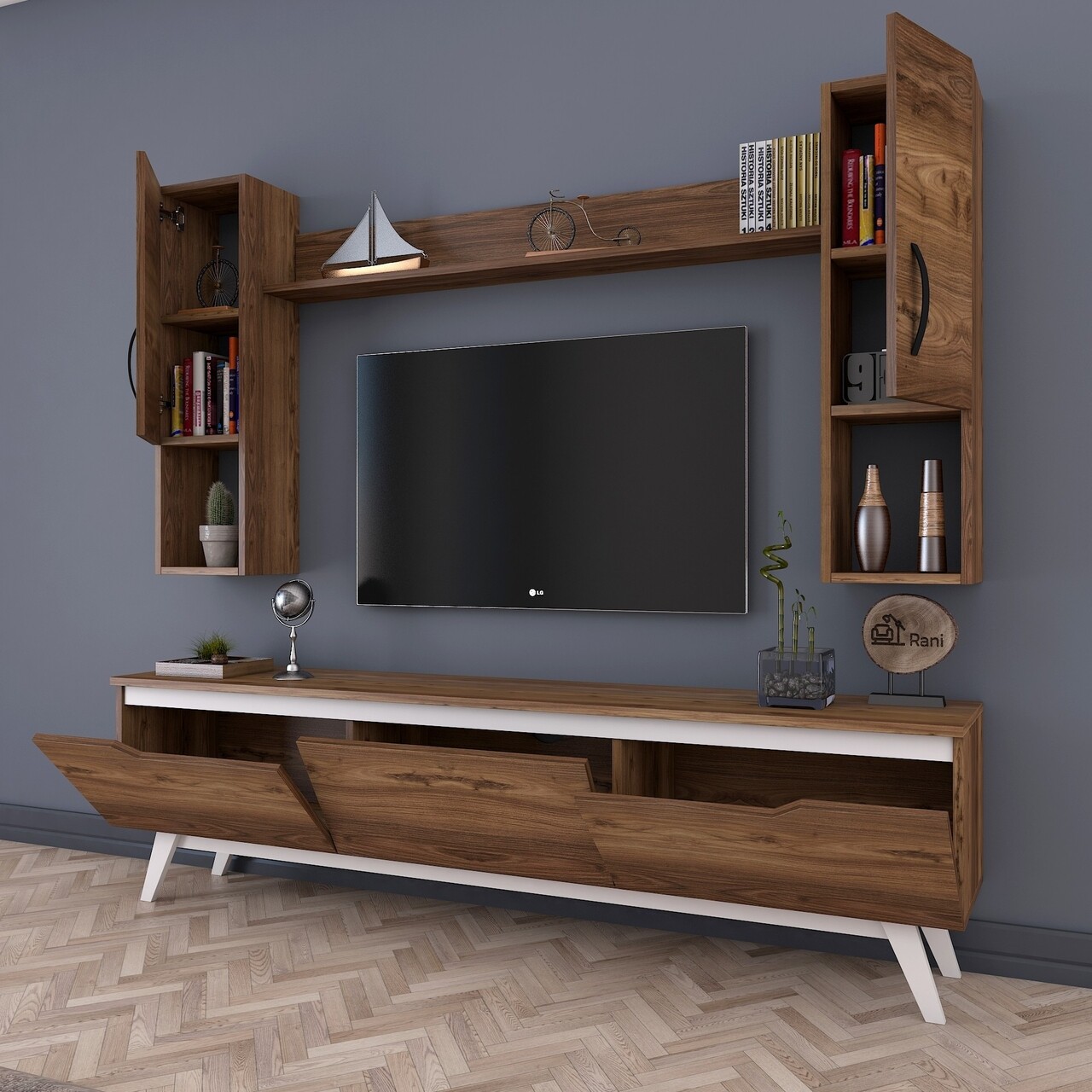 Comoda TV Cu Raft De Perete Si 2 Cabinete M27 - 833, Wren, 180 X 35 X 48.6 Cm/133 Cm, Walnut/white