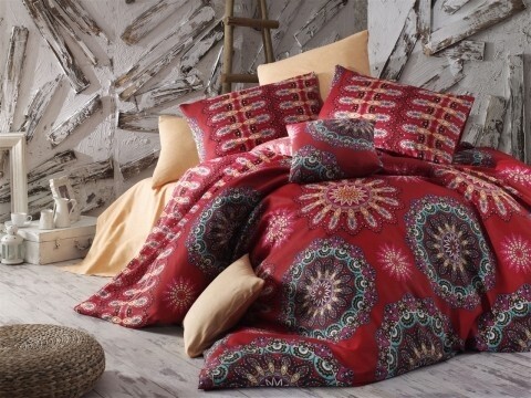 Lenjerie de pat pentru o persoana, 3 piese, amestec bumbac, Nazenin Home, Hula, rosu