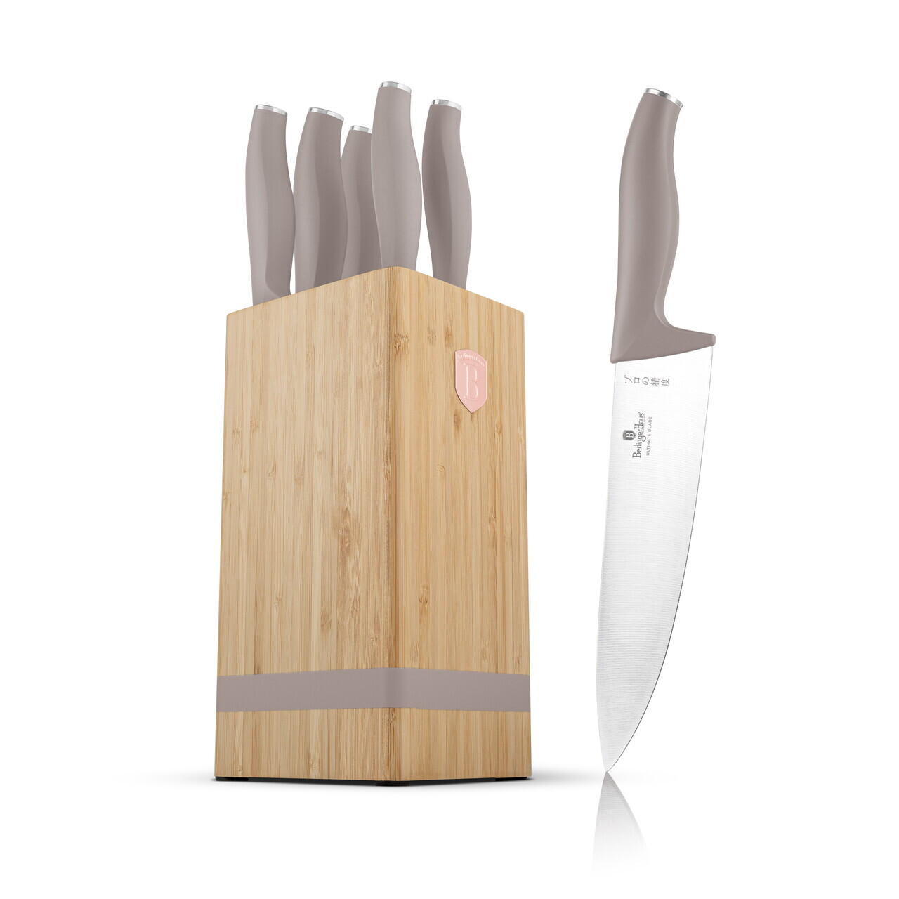 Set 5 cutite cu suport patrat Berlinger Haus, Taupe, inox/bambus, taupe mat/natur - imagine 2
