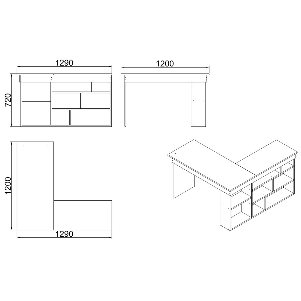 Birou CT5 - AA, Locelso, 129x120x72 Cm, PAL, Natural/negru