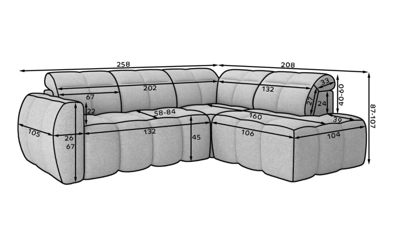 Coltar extensibil dreapta 4 locuri ELTAP, RT-04PAO, Falconn, 258x208x107 cm, lemn/poliester, gri inchis