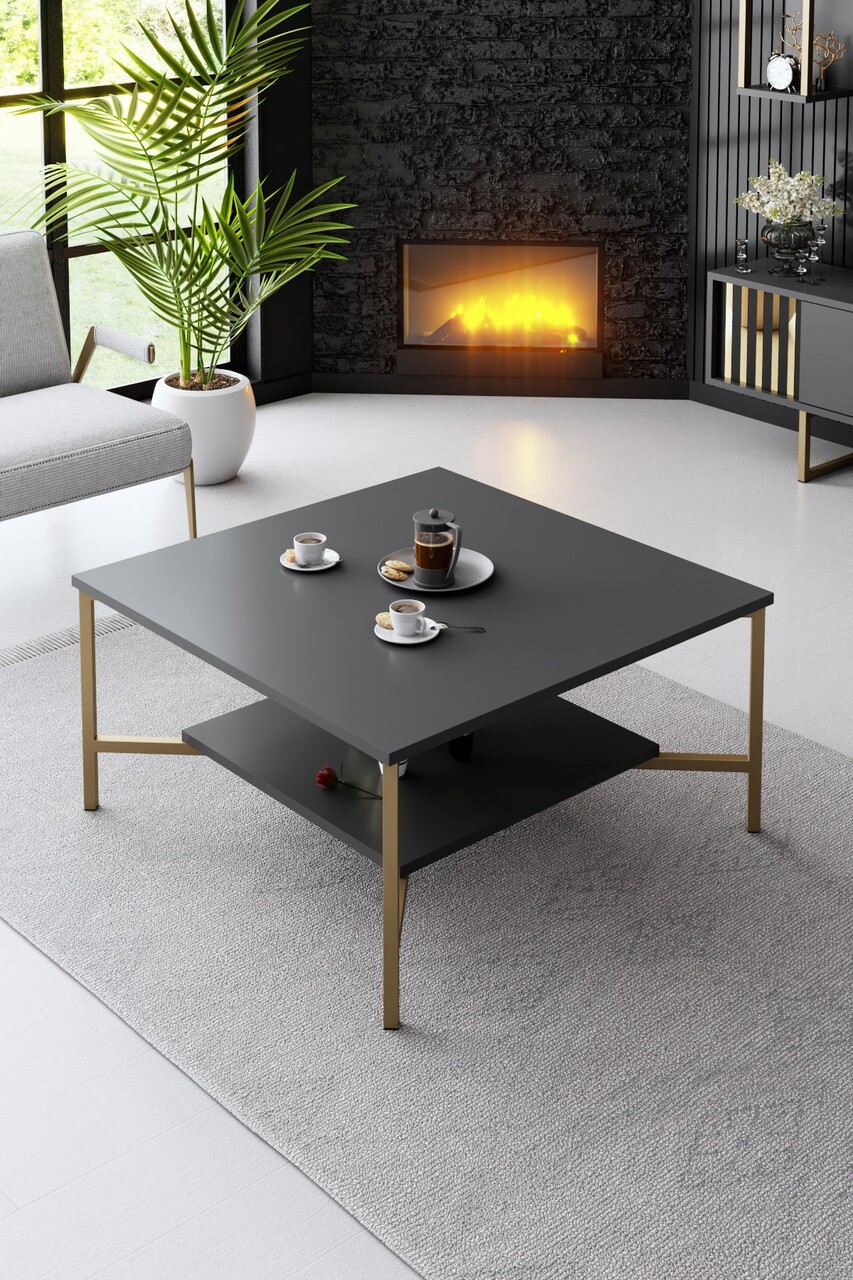 Masuta de cafea, Bexley, Gold Line, 80x80x40 cm, PAL, Antracit / Negru