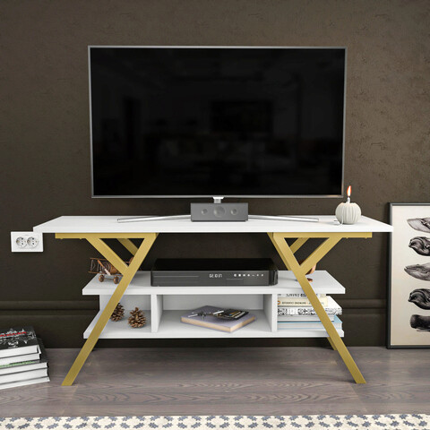 Comoda tv, retricy, minerva, 120x35x55 cm, pal, aur/alb