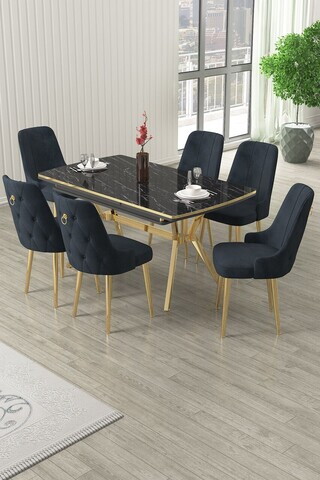 Set masa extensibila si scaune (7 piese), Hanah Home, Nis, Model de marmură neagră / Auriu / Antracit