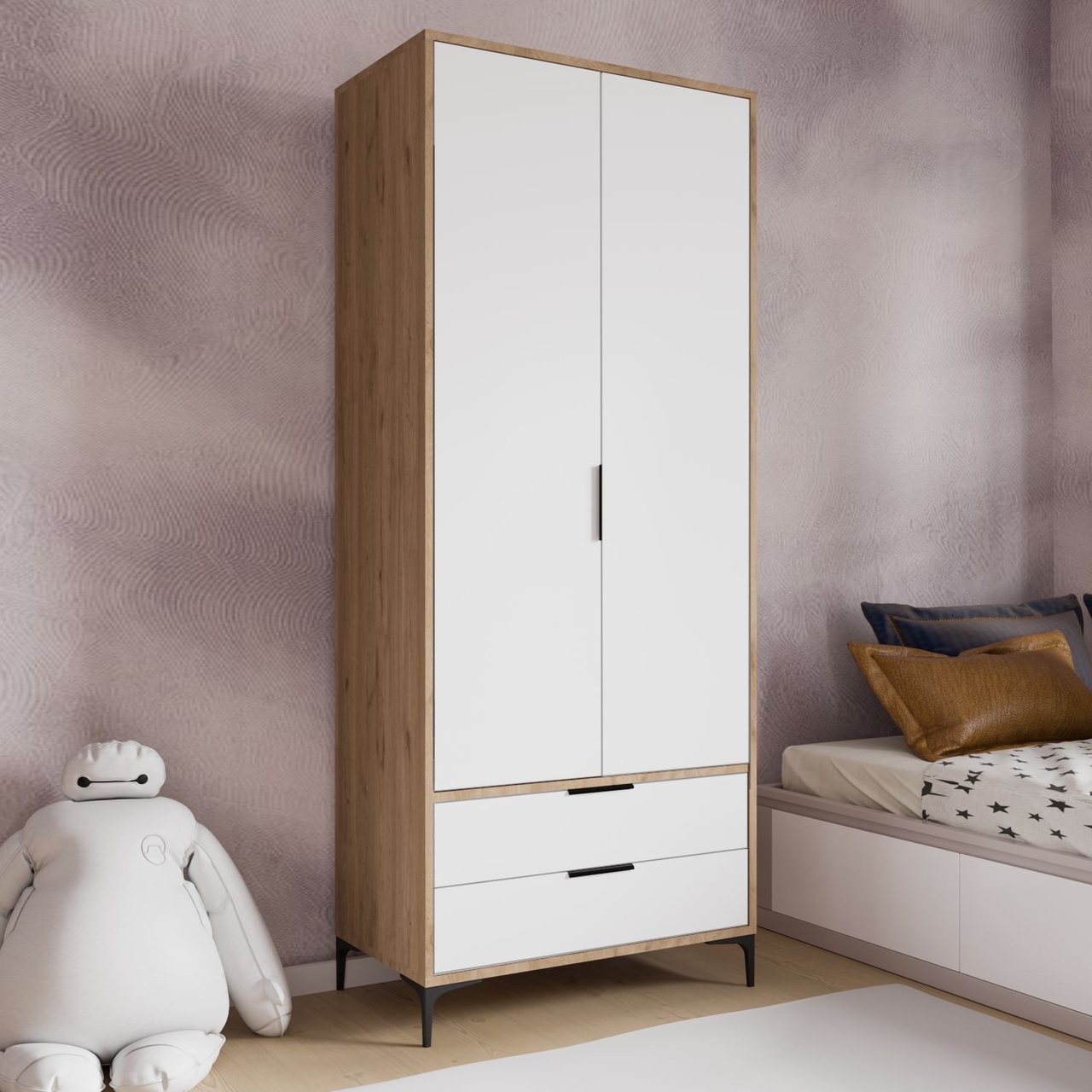 Dulap pentru haine, Hanah Home, Aden Drawes, 80x192x45 cm, Stejar / Alb