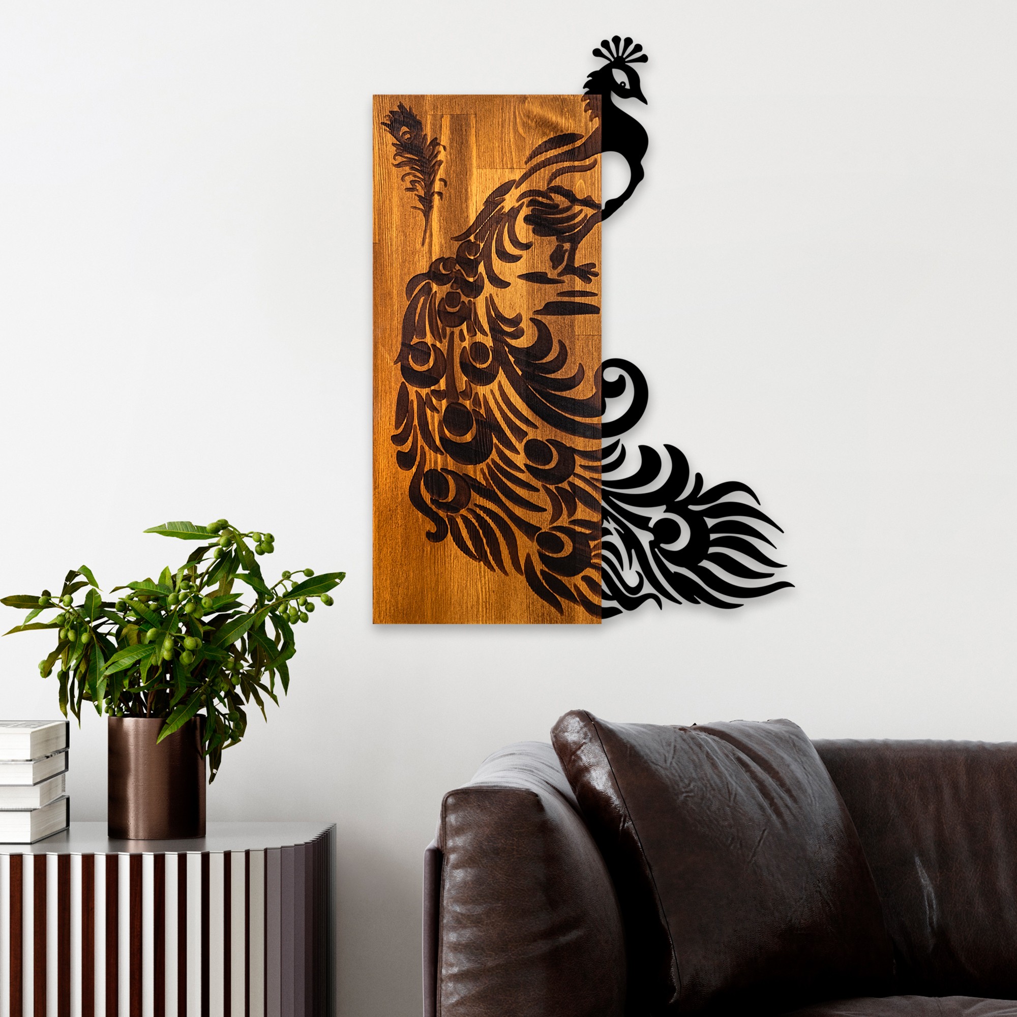 Decoratiune de perete, Peacock, Lățime: 47 cm Înălțime: 65 cm Adâncime: 3 cm, Nuc / Negru