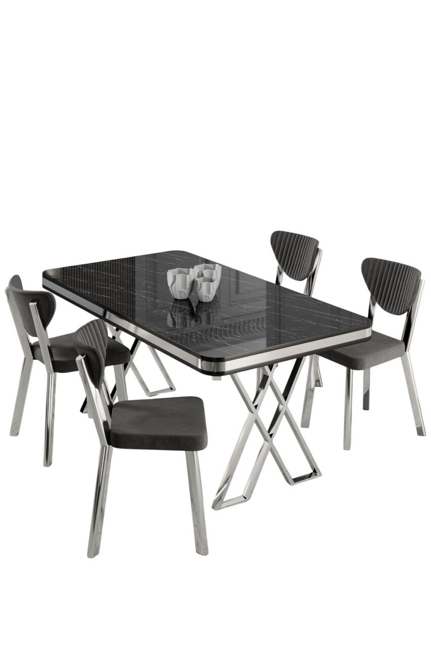 Set masa si scaune (5 piese), Hanah Home, Raja, Model de marmură neagră / Crom / Gri — imaginea 2