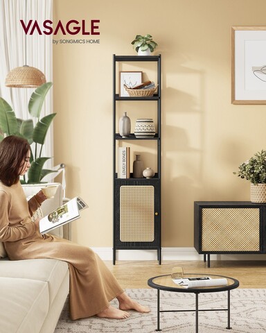 Corp biblioteca, Vasagle, Slim Rattan-Like, 40x30x174.7 cm, otel/PAL/ratan sintetic, negru mat
