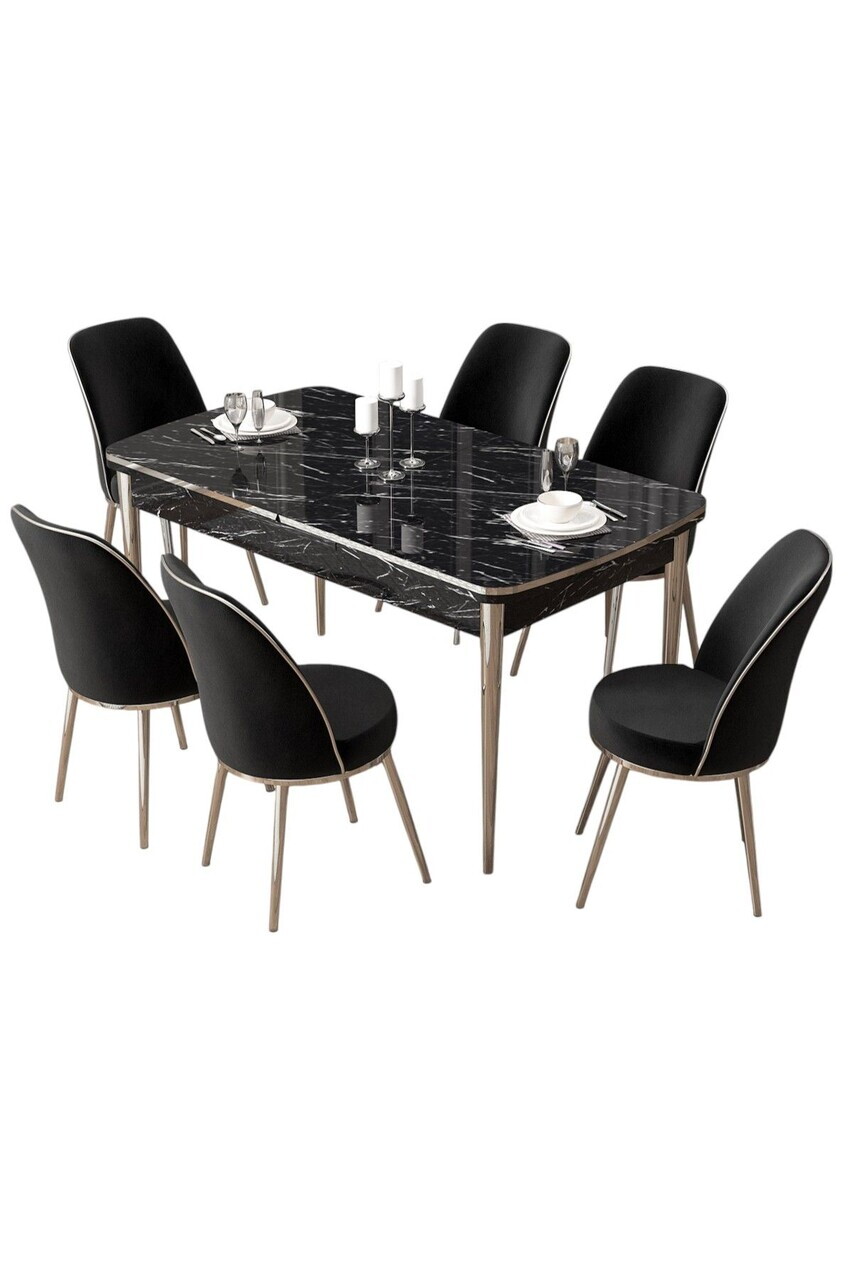 Set masa extensibila si scaune (7 piese), Hanah Home, Pale, Model de marmură neagră / Crom / Negru — imaginea 2