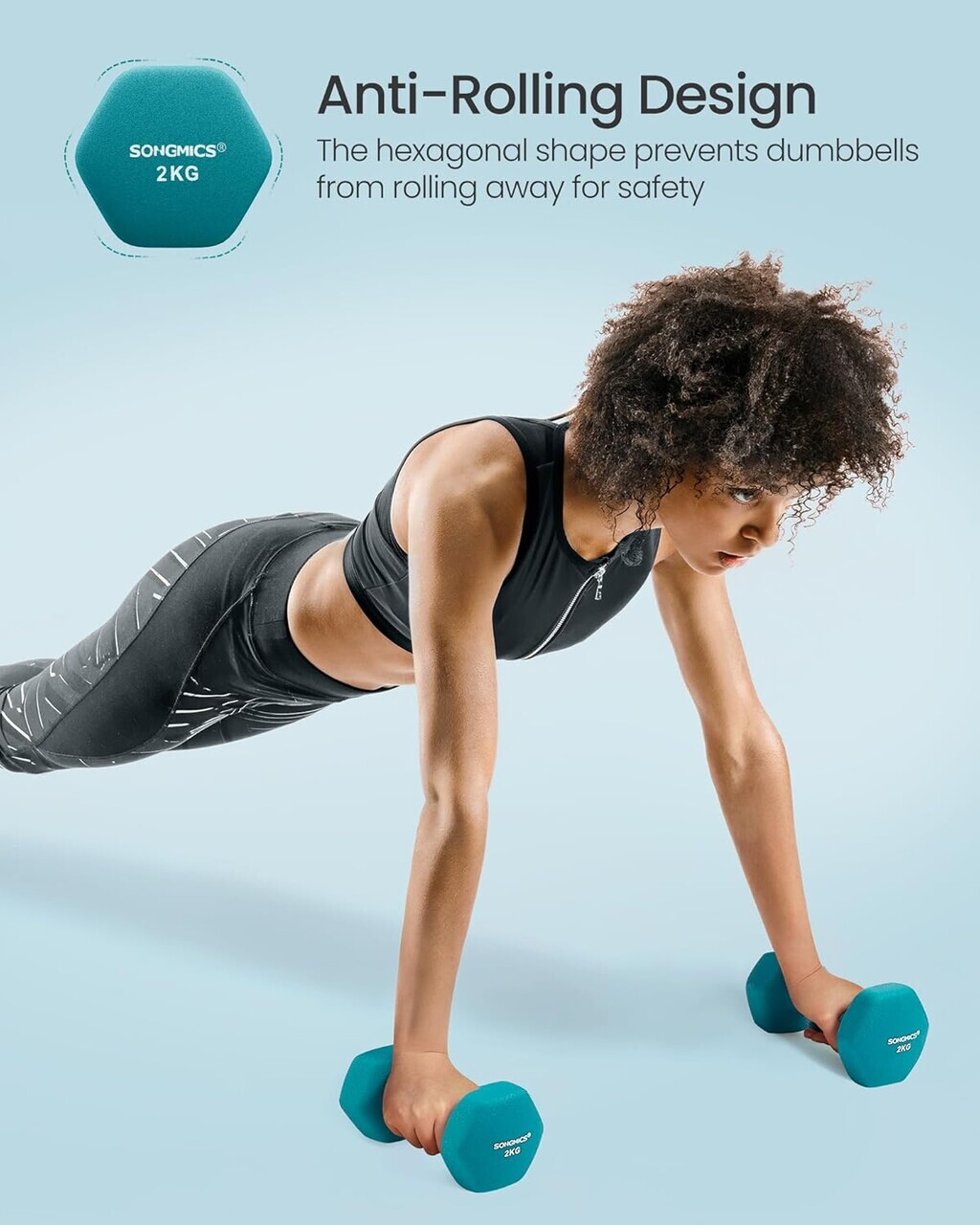 Set gantere fitness 6 piese cu suport, 2 x 1 kg + 2 x 2 kg + 2 x 3 kg, Songmics, neopren, verde/teal/gri inchis - imagine 10