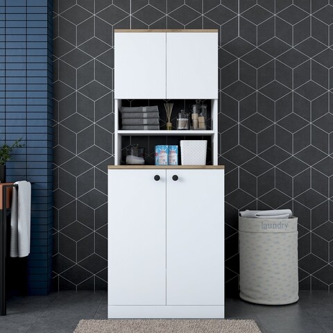 Dulap pentru masina de spalat, Wren, KD102 – 2160, 70 x 183.6 x 72.6 cm, pal melaminat, alb/nuc 183.6