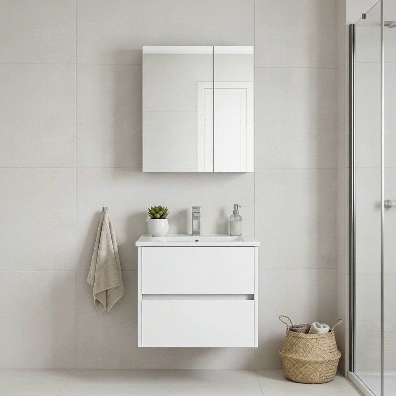 Set Dulap de Baie cu Chiuvetă și Oglindă (2 Piese), Hanah Home, Side 65 v2, Alb mat
