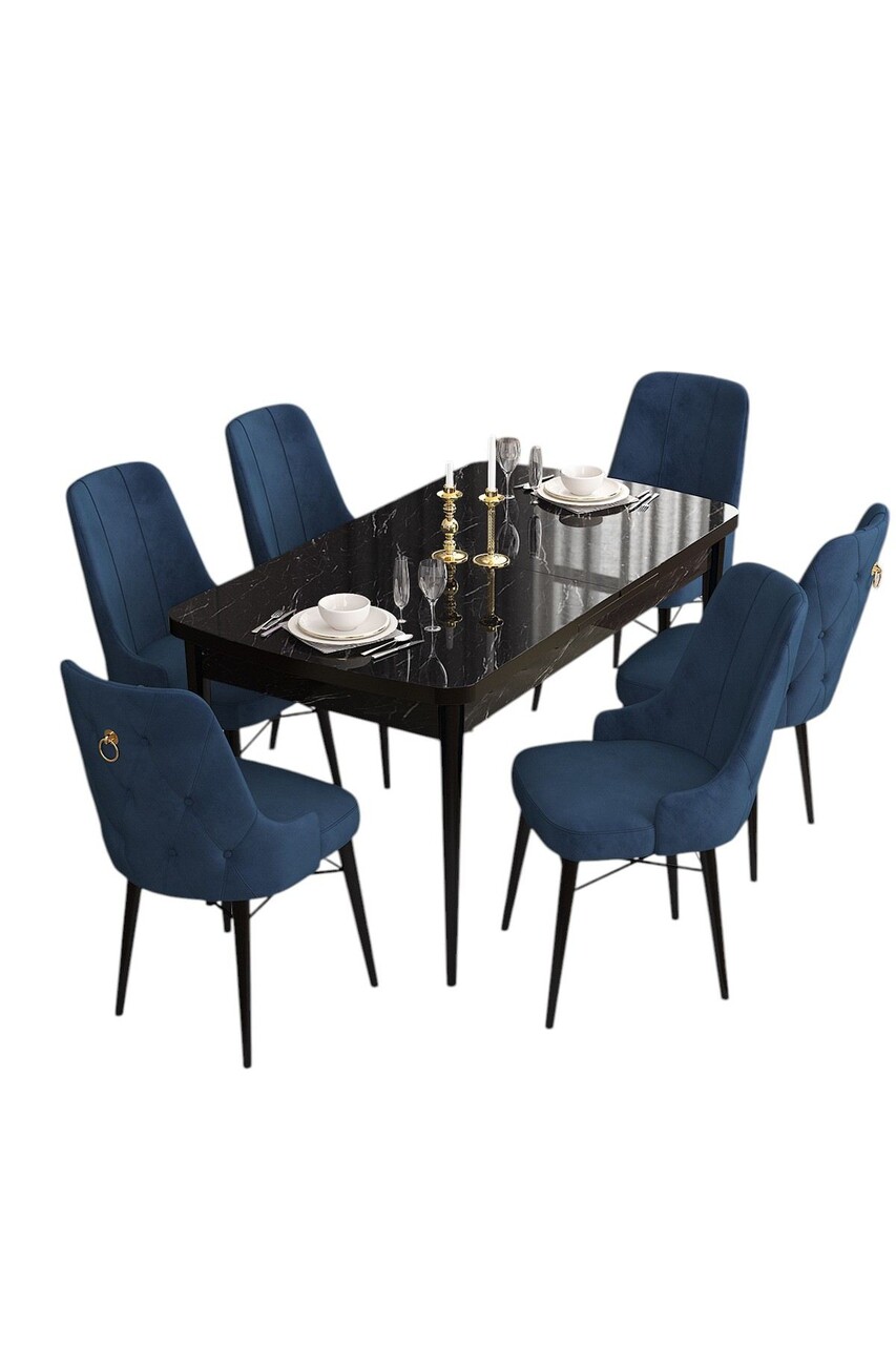 Set masă și scaune extensibile (7 Pieces), Hanah Home, Sunt, Marmură neagră / Albastru marin - view 2