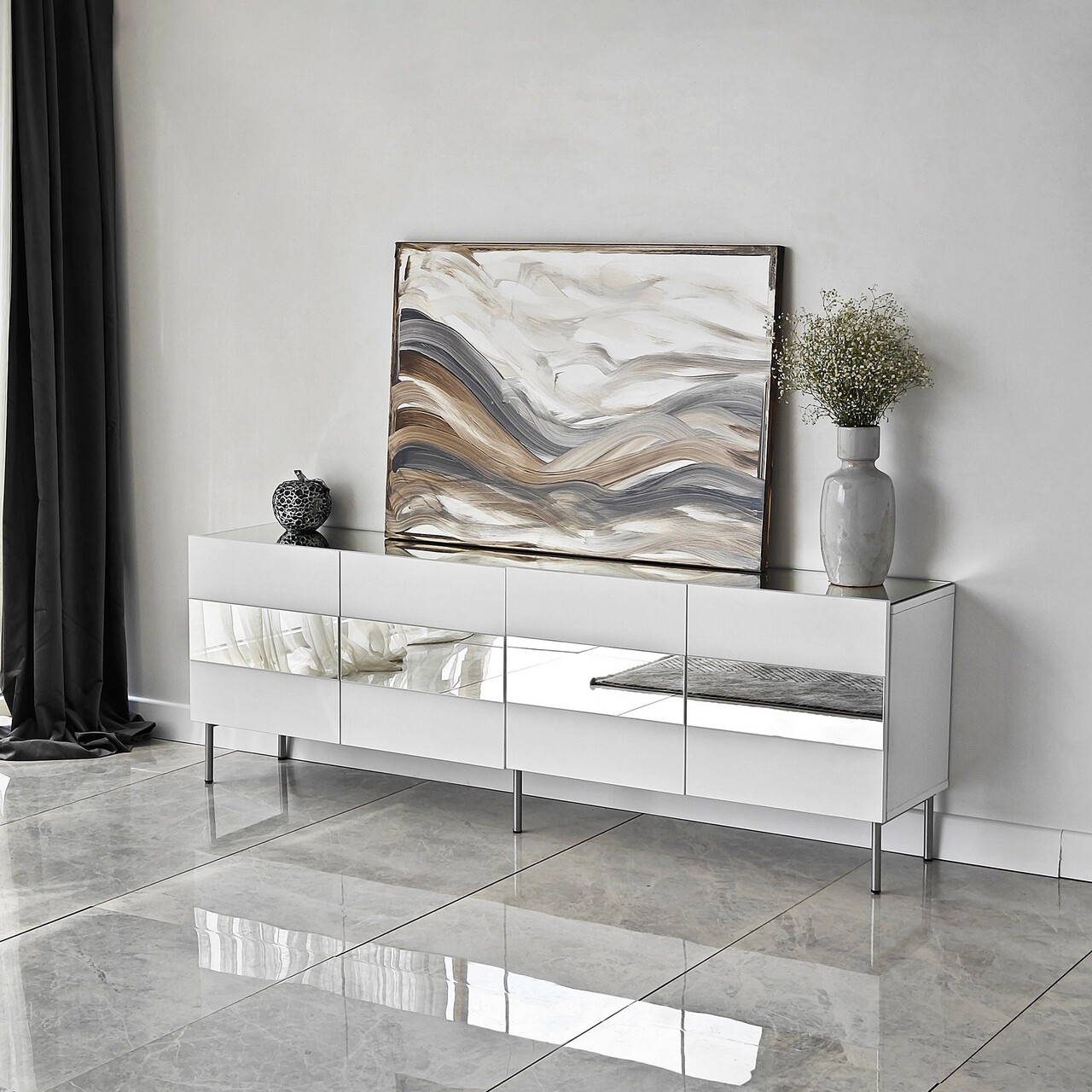 Comoda TV, Neostill, Leon, 180x59x35 cm, PAL, Alb / Argintiu - 2 | YEO