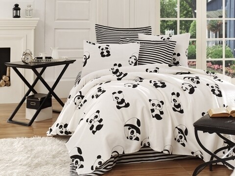 Set cuvertura de pat, EnLora Home, Panda Black White, 3 piese, 100% bumbac, alb/negru 100% imagine 2022