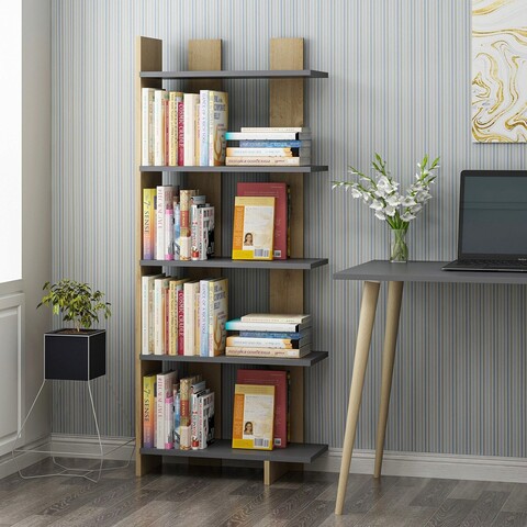 Corp biblioteca, olivia, elas, 62x150x25 cm, pal, antracit / negru / stejar
