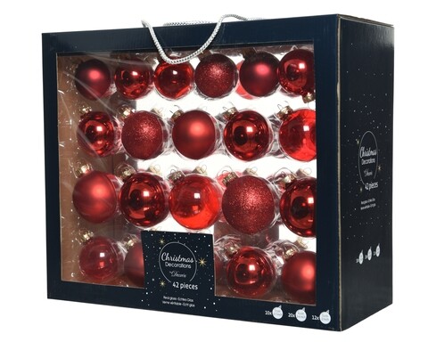 Cutie cu 42 globuri asortate Red mix, Decoris, plastic, rosu