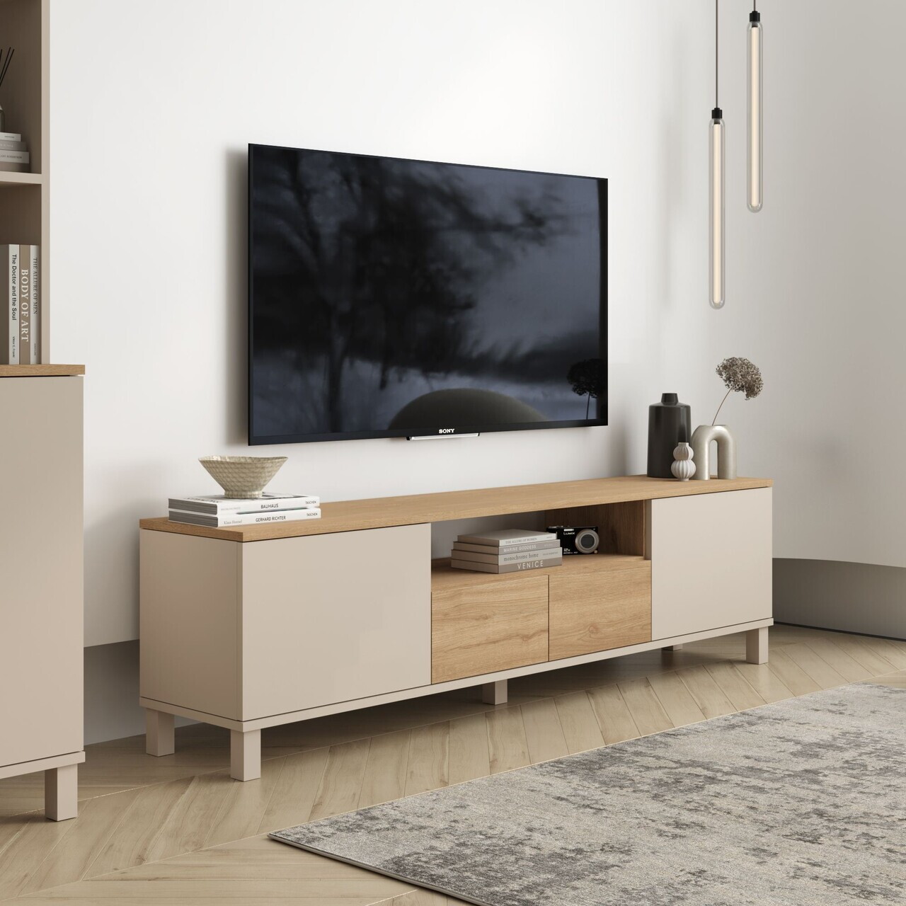 Comoda TV, Hanah Home, Mood, 180x49.2x35 cm, PAL, Nisip / Stejar — imaginea 2