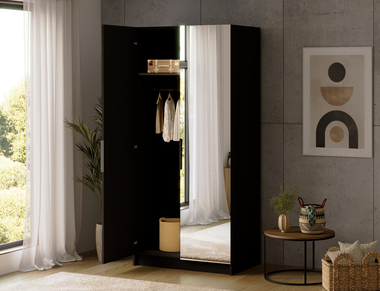 Dulap pentru haine cu oglinda ELTAP, BM2-SZA100, Mirtillo, 100x60x216 cm, PAL laminat, negru — imaginea 2