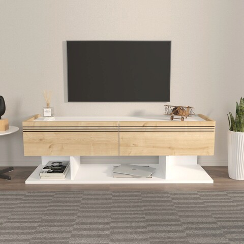 Comoda tv, zena home, kaşe, 120x40x35 cm, pal, stejar alb