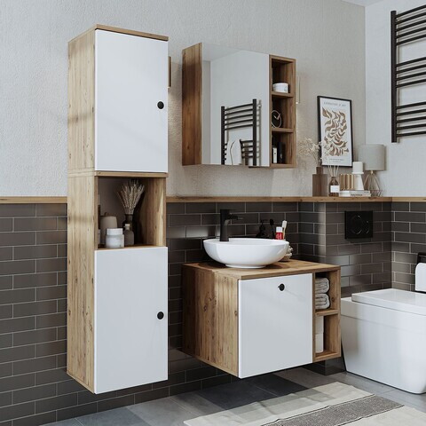 Set Dulap de Baie cu Chiuvetă și Oglindă (3 Piese), Hanah Home, 2477, MDF, Pin Atlantic / Alb