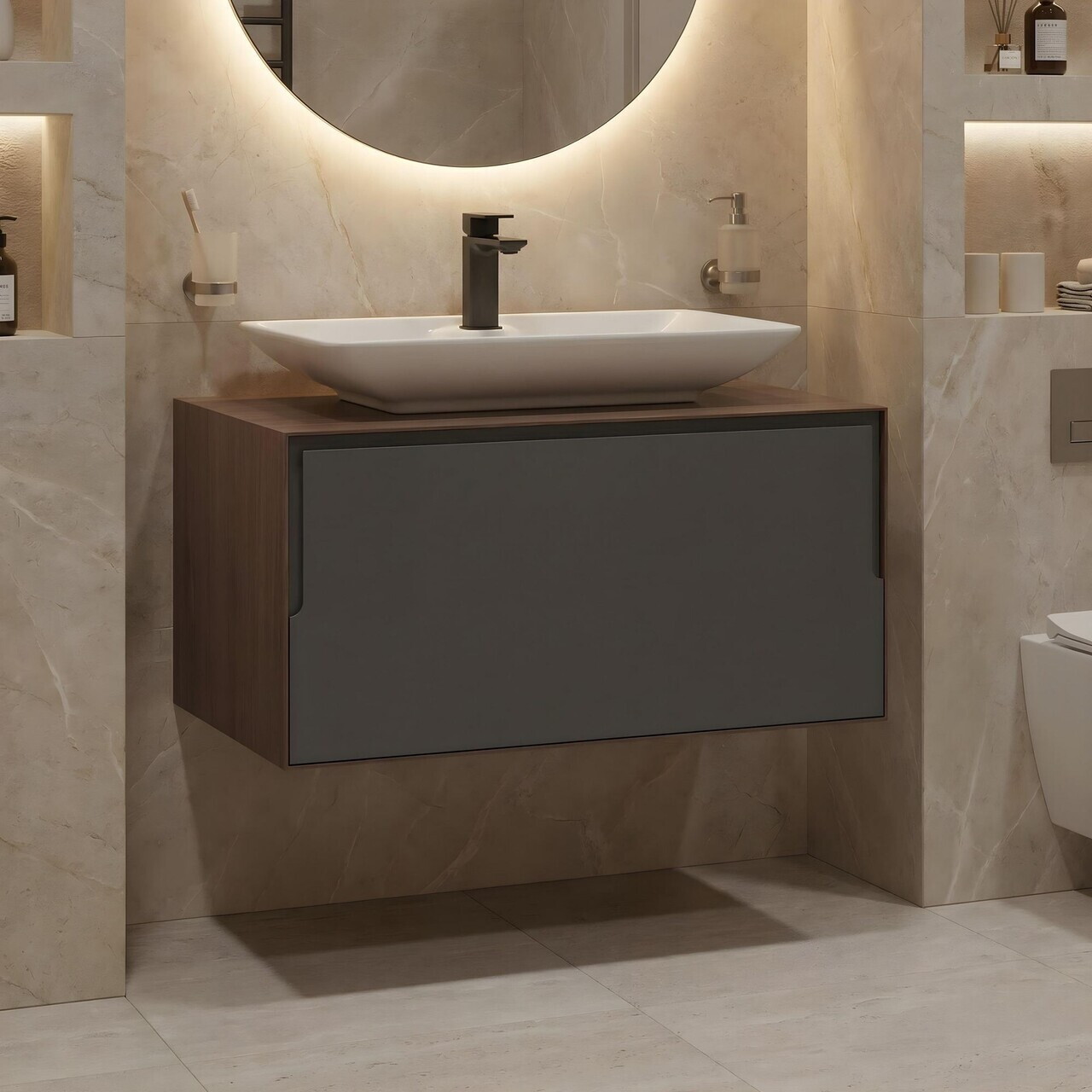 Dulap de baie cu chiuvetă, Hanah Home, Craft 80, Nuc / Antracit — imaginea 2