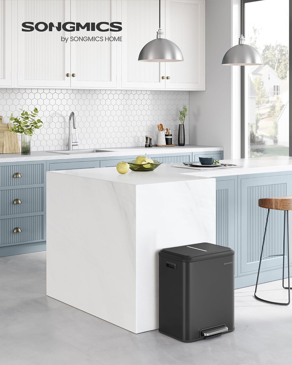 Cos de gunoi pentru sortare 2 x 15 L, Songmics, 41.7x33.2x49.4 cm, otel/polipropilena, negru cerneala