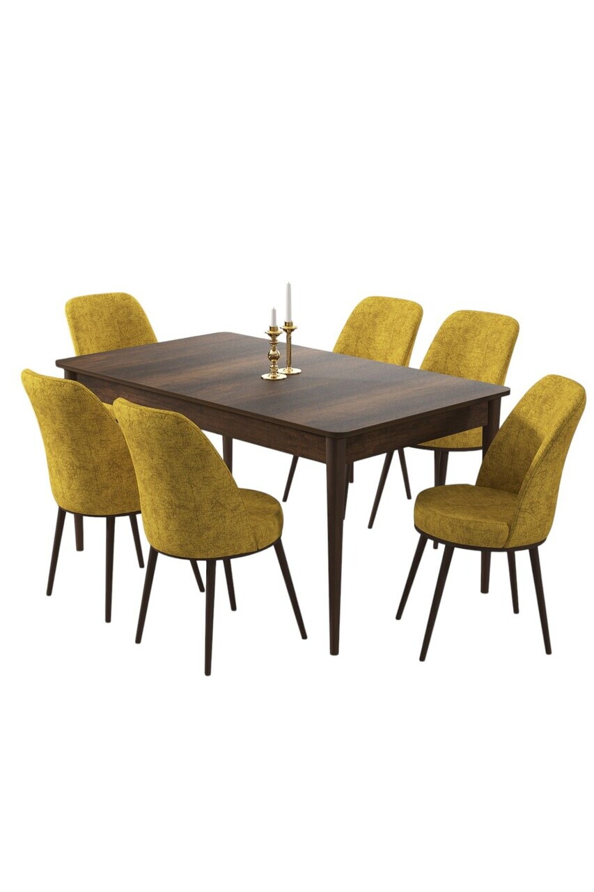 Set masa si scaune (7 piese), Hanah Home, Pir, Model baroc din lemn / Muștar — imaginea 2