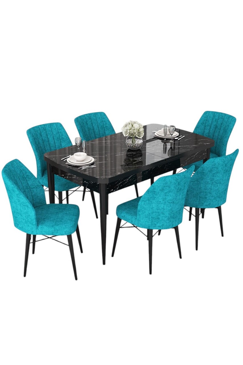 Set masa extensibila si scaune, Hanah Home, Nef, Marmură neagră / Turcoaz - view 2