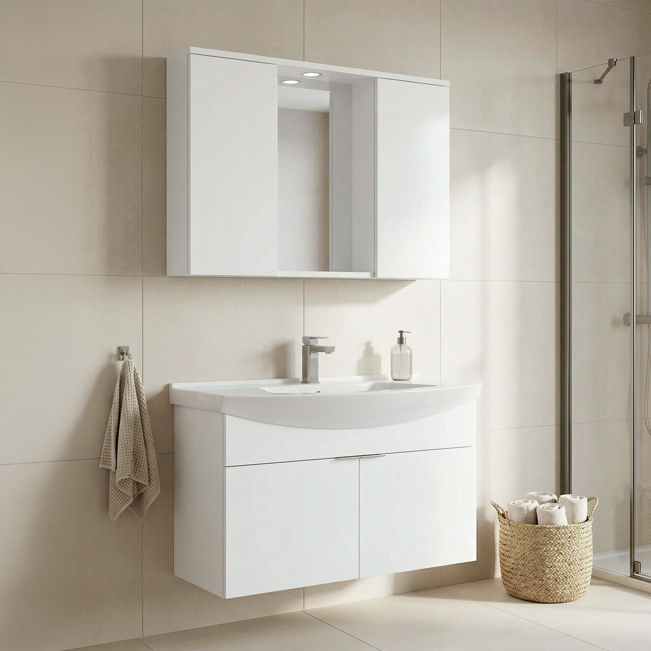 Set Dulap de Baie cu Chiuvetă și Oglindă (2 Piese), Hanah Home, Purus 100, Alb